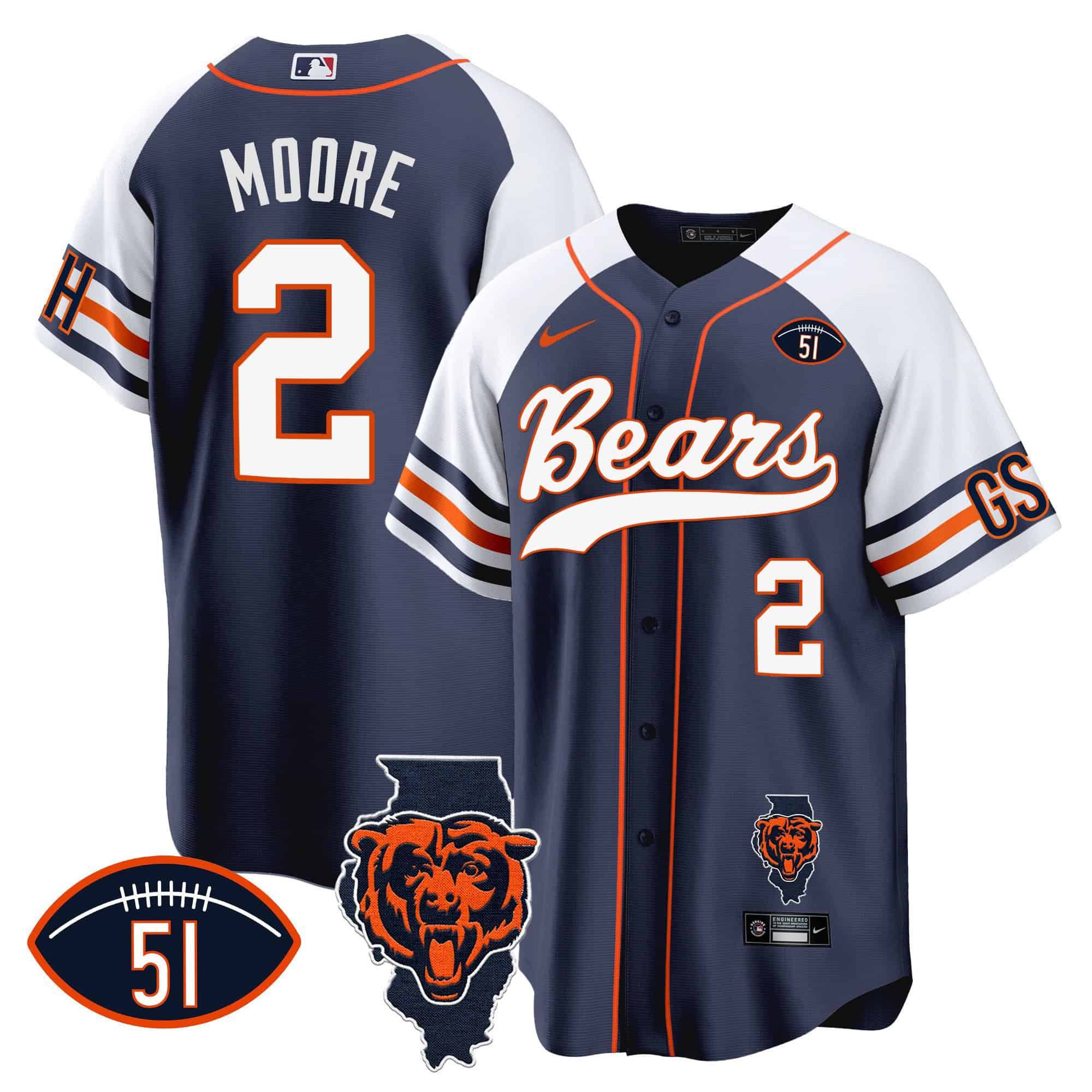 Men Chicago Bears #2 Moore Blue 2024 Nike Patch Baseball NFL Jersey